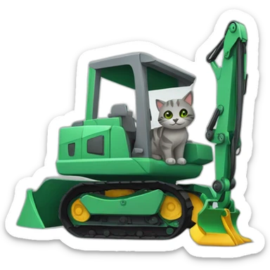 Gatito gris con ojos verdes sobre una excavadora sticker