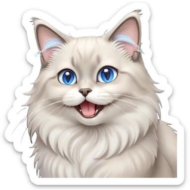Cinematic Adorable Fluffy Light Grey Mantle Ragdoll Cat Portrait Emoji, Head tilted cutely with big, sparkling blue eyes, soft light grey fur with darker points on the ears, face, and paws, Simplified yet irresistibly adorable features, highly detailed, glowing with a soft, warm glow, high shine, yawning in a peaceful and playful manner, stylized with a touch of whimsy, bright and endearing, soft glowing outline, capturing the essence of a relaxed and loving kitten, so cute it feels like it could leap out of the screen and stretch into a cozy nap! sticker