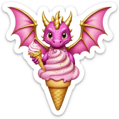 A dragon with its shiny glittered wings in pink tones and pink and gold legs, eats vanilla and chocolate ice cream sticker