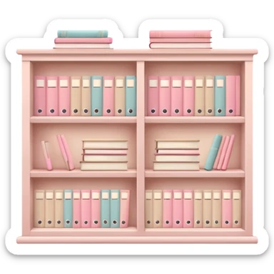 White bookshelf with pastel pink textbooks and beige folders, minimal style sticker