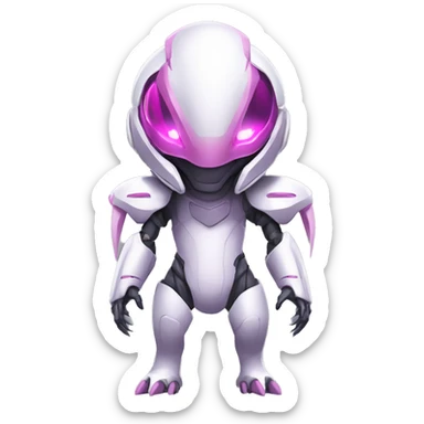 White Medabot-Lizard-Reptile-Raptor-Alien-Genesect-Mewtwo-Fakémon, with pink eyes, with a futuristic visor-helmet, wearing a techwear-suit, Full Body sticker