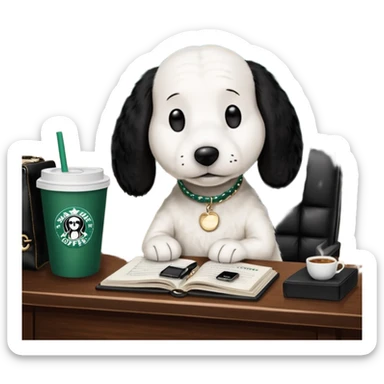 snoopy in a desk with starbucks and his chanel purse sticker