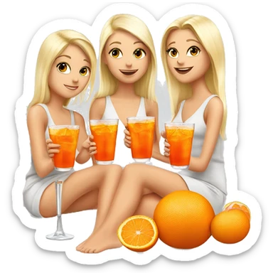 Three beautiful blond girls drinking aperol sitting on oranges sticker