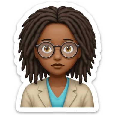 darker skin female with dark dreadlock hair wearing large round glasses shrugging her shoulders sticker