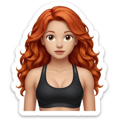 Athletic girl with long light red wavy hair and smaller boobs bigger arms. middle part and black sports bra, long hair sticker
