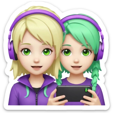 Make a blonde girl with green glowing headset on and a purple hair girl haveing fun , make them chibi emojis ,make them animated sticker
