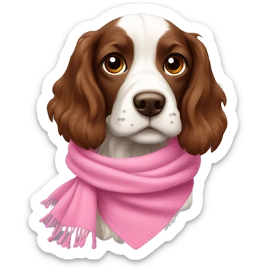 White and brown Russian hunting spaniel wearing pink scarf sticker