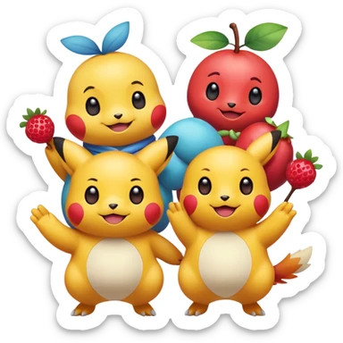 Three Pokémon characters showing kindness and teamwork. One Pokémon is handing a berry to another, while the third Pokémon is cheering and clapping happily. They look joyful and friendly, standing close together in a bright, colorful cartoon scene. The style is cute, playful, and emoji-like. sticker