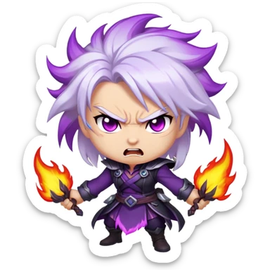 Chibi Sable Ward with rage expression, furious face, glowing purple eyes, white hair with purple streaks, flaming effect around her, angry expression sticker