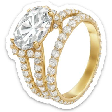 Oval cut diamond ring with lots of diamonds on gold band sticker