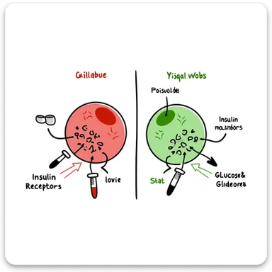 Anti-diabetic treatment visualization: hand-drawn diagram comparing high glucose state (red side) versus treated state (green side) with medication symbols, insulin receptors, and cellular glucose uptake. Colorful educational illustration with before/after comparison and labeled components. sticker