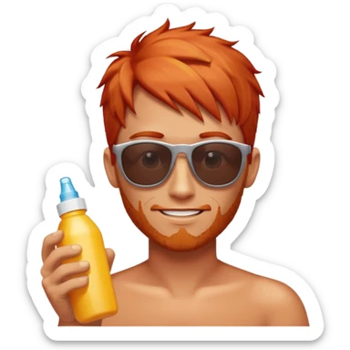 male red haired with suncream bottle and sunglasses, with sun burned sticker