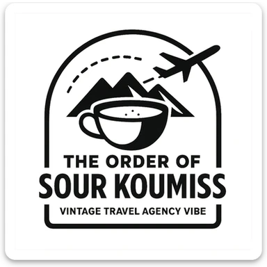 A black and white 90s-style logo for 'The Order of Sour Koumiss' with a vintage travel agency vibe, featuring a minimalist design sticker