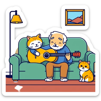  old blind man playing guitar  on the couch with his golden cat  sticker