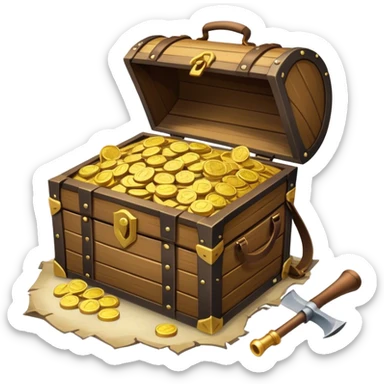 An icon showcasing a treasure chest filled with gold, a treasure map rolled up beside it, a backpack and shovel. The design captures the essence of treasure hunting, exploration, and excitement, set on a transparent background to emphasize the thrill of discovery. sticker