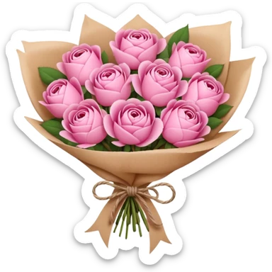 Bouquet of pink flower like rose and peony wrapped in kraft paper sticker
