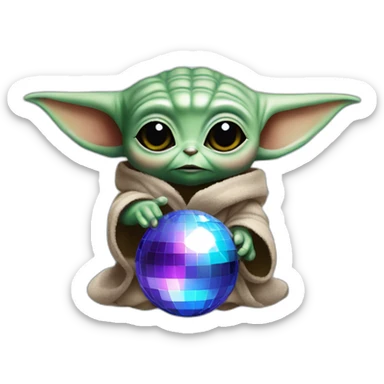 baby yoda with a disco ball on his hesd with eyes up sticker
