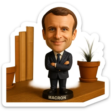 bobblehead style figure of Emmanuel Macron, French president, suit and tie, oversized head, confident smile sticker