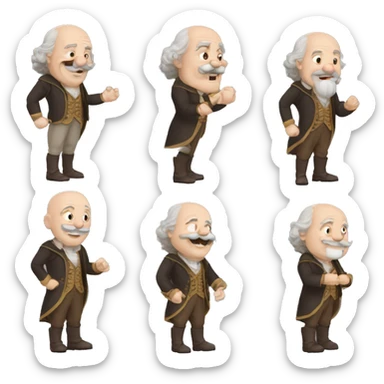Short pudgy old man over enthusiastic happy excited face bald forehead long wavy gray and brown brunette long wavy hair moustache Shakespearean dress vintage clothes hamlet small arms sticker