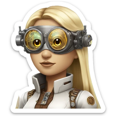 Brown long hair with blonde steaks female cyborg head, fair skin, steampunk goggles and circuits sticker