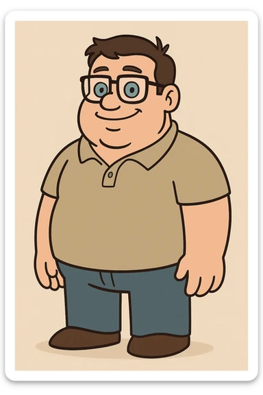 cartoon character, male, stocky, short dark brown hair, glasses, greeny blue eyes, smiling sticker