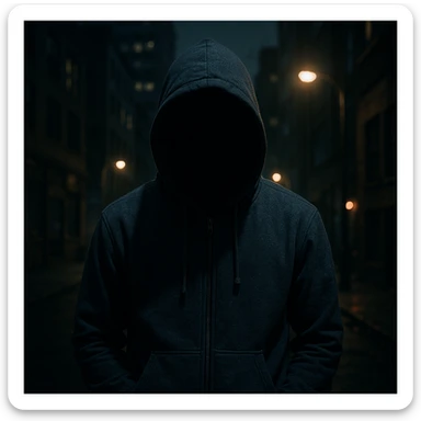 mysterious man, shadowed face, wearing a hoodie, urban background sticker