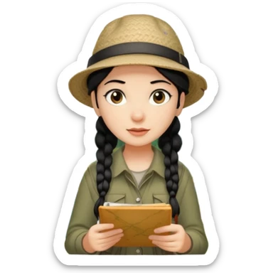 A braid black hair backpacking woman checking her map with curious eyes while wandering in the woods with camping hat sticker