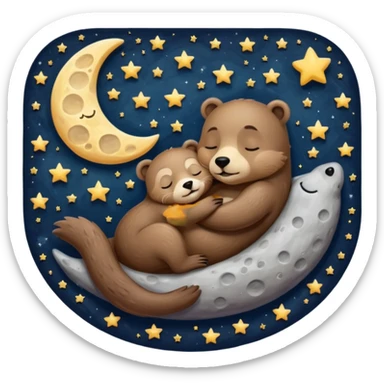 otter hugging a bear sleeping together on the moon sticker