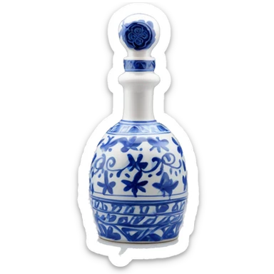 The Clase Azul Tequila bottle is tall and hourglass-shaped, with a wide base that tapers towards the neck. Its white ceramic body is decorated with cobalt blue floral designs, and it’s topped with a gray, bell-shaped stopper that curves inward. sticker