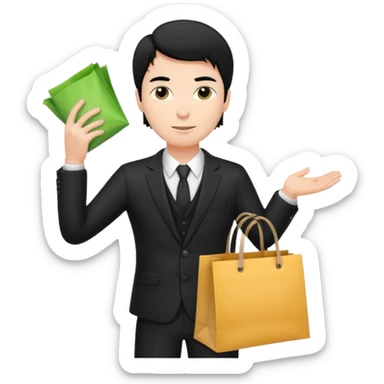 a white elegant man black hair in a black suit with clothing shopping bag sticker