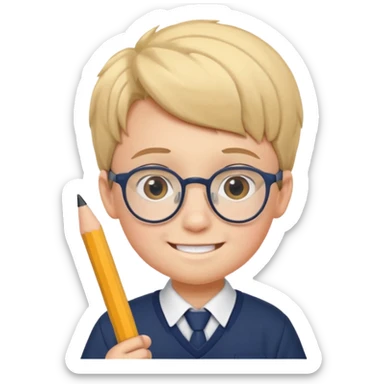 boy kid with glasses → holding a pencil with school uniform sticker