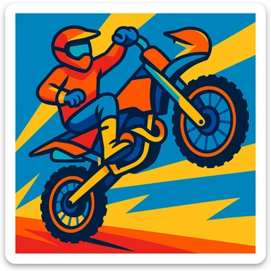 dirtbike on one wheel, energetic illustration, lively, bright colors, dynamic pose sticker