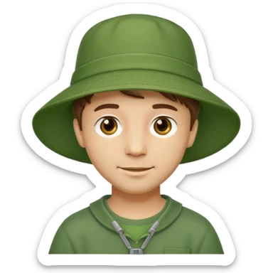 A light-skinned man with short brown hair, golden-brown eyes, and a soft smile, wearing a wide-brimmed green bucket hat. sticker