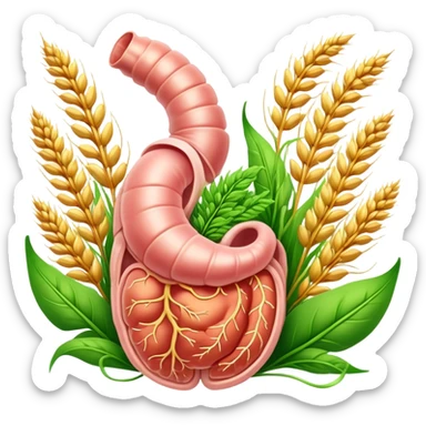 Human digestive system with esophagus, stomach, intestines, and colon, surrounded by golden wheat ears and green leaves, with glowing healing particles flowing through the digestive tract sticker