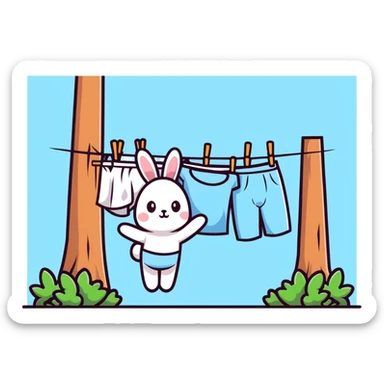 bunny hanging laundry between trees, calming domestic forest feel sticker