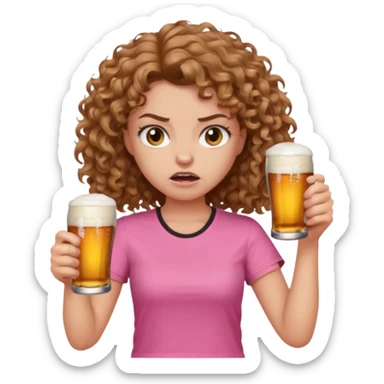 Girl with long light brown curly hair and pink t-shirt with beers on hand and angry face sticker