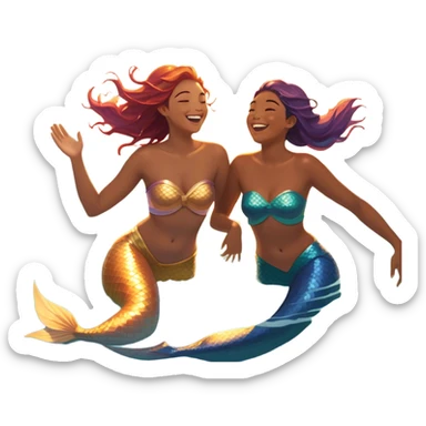 A person splashing in the ocean, laughing with a warm friend beside them. They’re playfully pretending to play mermaids, fully immersed in the fun. The sun glows above, and the waves crash around them, symbolizing the joy of being present, creating fun, and appreciating the moment with the people  sticker