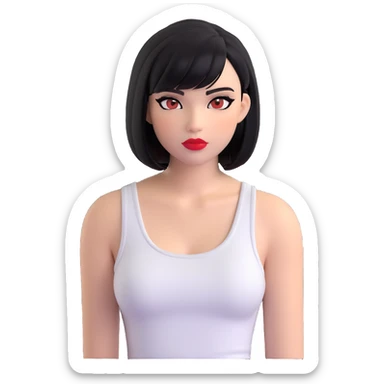 A pretty girl with black straight bob hair. She has hazel eyes with black eyeliner. She has plump red lips. She is wearing a white tank top sticker