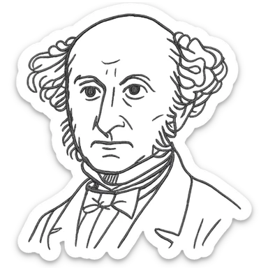 a hand drawn black outline portrait of philosopher John Stuart Mill with similar-sized eyes based a famous portrait of him, with fluffy hair sticker