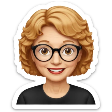 woman 70 years old, very short strawberry blonde weavy hair, brown eyes and round dark glasses smile sticker