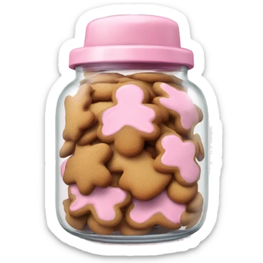 Realistic glass cookie jar with light pink lid full of gingerbread cookies isolated.  sticker