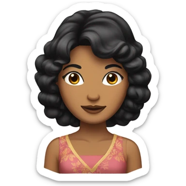 Tanned woman with black hair wearing 1970s style dress and hair sticker