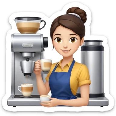 Cute brunette barista girl with hair in a bun wearing yellow shirt and dark blue apron, she's relaxed and making latte art, smiling at the coffee cup sticker