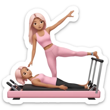 a girl doing reformer pilates, she is wearing a pastel pink fit and she has dark straight and loose hair.  sticker
