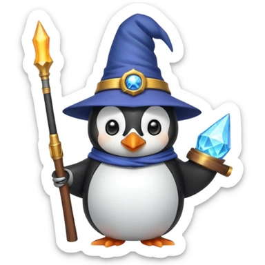 A cute penguin funny with a wizard hat, and a shotgun sticker
