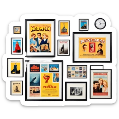 Icon for Photograph and Poster Collecting: a collection of photographs and movie posters, neatly displayed on a wall or in frames. The icon should evoke the nostalgia and artistic value of collecting rare images and posters. Transparent background. sticker