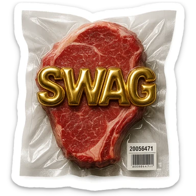 steak with gold block letters 'SWAG', shiny and inflated, vacuum-sealed style sticker