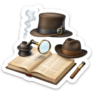 Icon for Detective Reading: an open book with a magnifying glass, a detective’s hat, and a notebook with clues, surrounded by dark shadows and mysterious elements like footprints and a smoking pipe. Transparent background. sticker