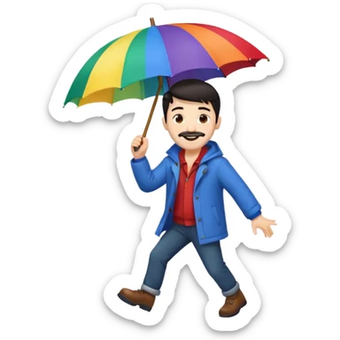 A dark-haired boy with a white beard dancing with an umbrella in the rain sticker
