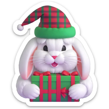 fluffy white angora rabbit wearing red and green plaid Christmas hat held in hands sticker